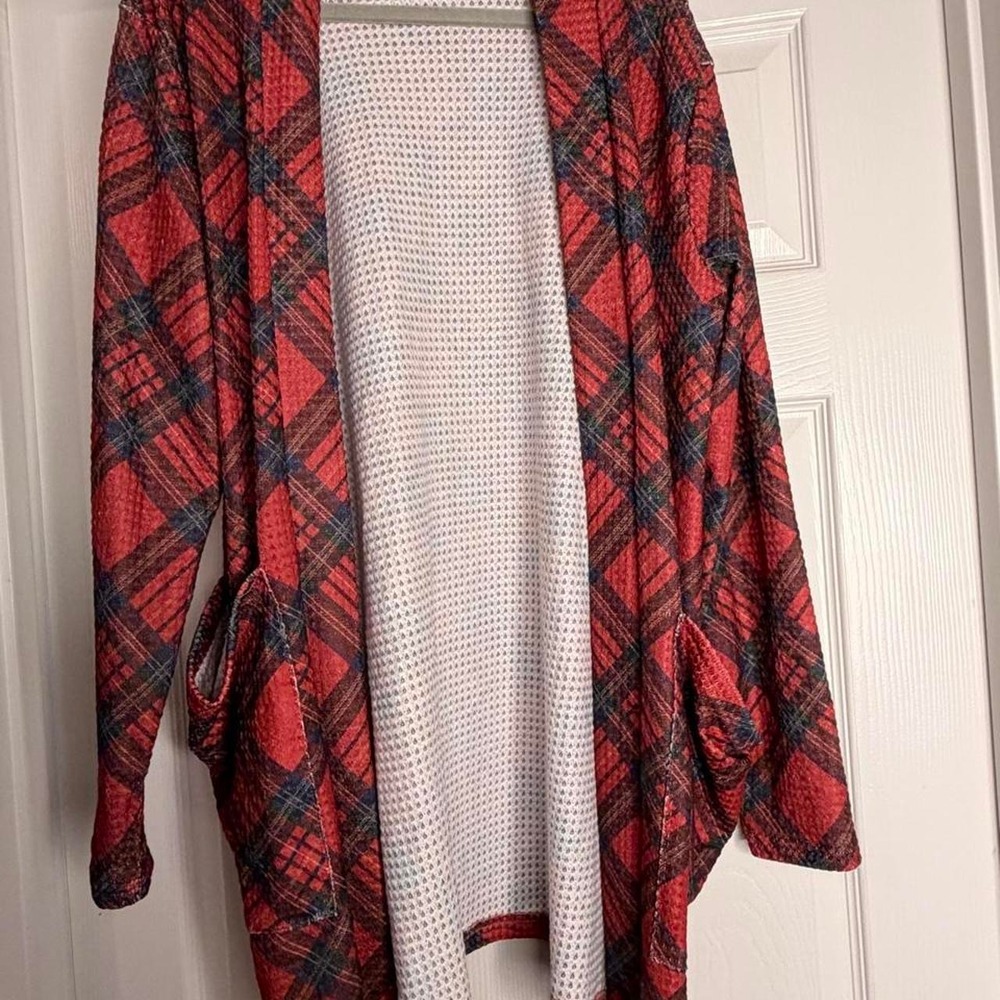 Blakeley Red Plaid Waffle Knit Open Front Cardigan Pockets OS